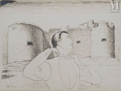 dessin représentant un homme debout devant un château, avec un château en arrière-plan