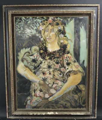 École XXe "Portrait de femme aux fleurs", technique mixte su…