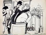 drawing of a man and a woman standing in front of a building