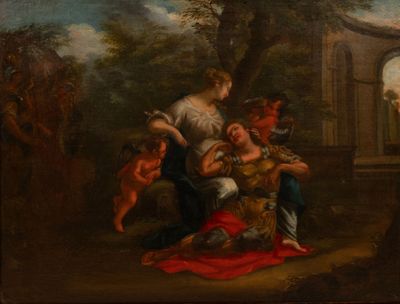 École du XVIIe siècle. Scène galante aux putti Huile sur toi… - Photo 1