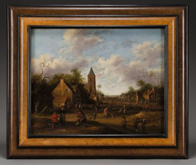 a painting of a village scene with people and animals in the foreground