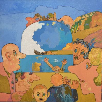 a painting of a group of people with a globe in the background