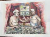 two men sitting at a table with money in front of them