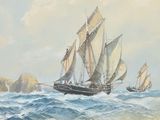 un tableau représentant un groupe de voiliers naviguant sur l'océan
