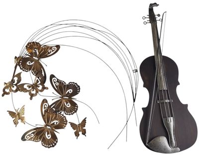 a violin, a violin case, and a butterfly sculpture
