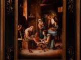 une peinture à l'huile représentant une famille jouant aux cartes dans une taverne