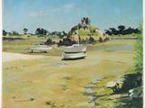 a painting of a boat on the shore of the water