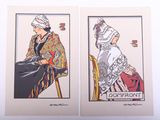 paire de posters vintage représentant deux femmes en habits traditionnels assises sur une chaise