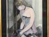 painting of a woman sitting on a bed in a room