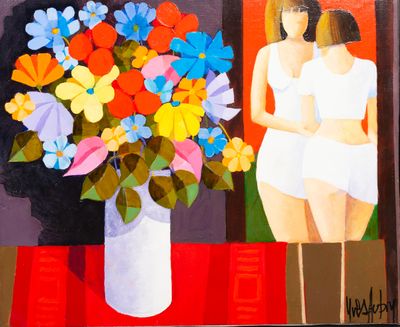 a painting of two women standing in front of a vase of flowers