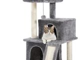 deux chats assis au sommet d'un arbre à chat, sur lequel se trouve un autre chat