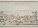 dessin représentant une vue de ville avec des personnages et des bâtiments