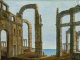 painting of ruins of an old building by the ocean