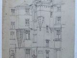 un vieux dessin représentant un bâtiment surmonté d'une tour