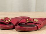 a pair of red sandals with a gold buckle on them