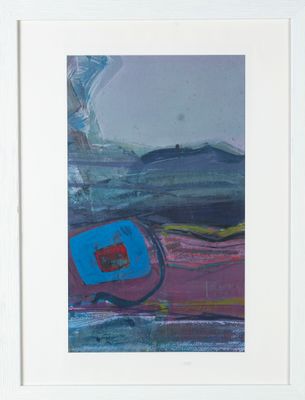 Peinture abstraite représentant un paysage bleu et rose avec des montagnes au loin