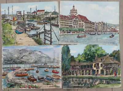 quatre tableaux représentant des bateaux dans un port, avec des bâtiments et des montagnes en arrière-plan