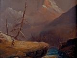peinture représentant un paysage de montagne avec une rivière et un homme à cheval