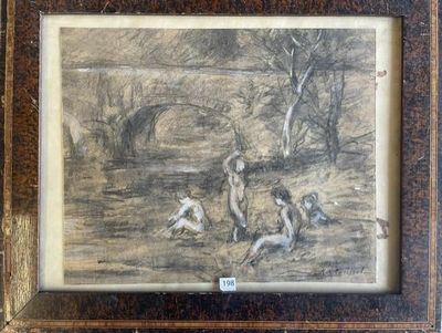 painting of a man and two dogs in a wooded area