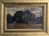 an oil painting of a field with trees and a barn in the distance