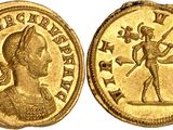 a gold coin with an image of a man holding a sword
