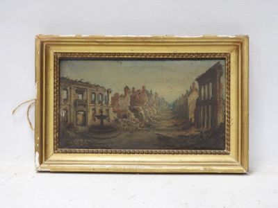 an old picture of a painting of a city street with buildings in the background