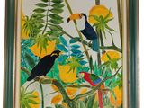 painting of two birds sitting on a tree branch in a tropical setting