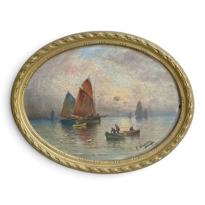 painting of boats in a body of water with a sky in the background