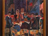 une peinture à l'huile représentant un groupe de personnes assises à une table