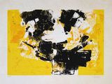une image représentant une peinture abstraite jaune et noire sur fond blanc