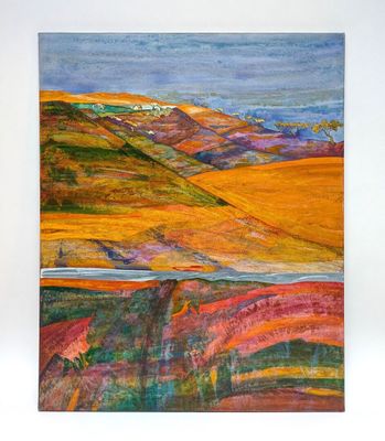 a painting of a landscape with hills and a river in the distance