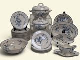 many different types of blue and white plates and bowls