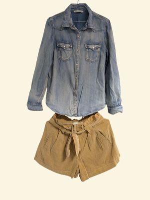 denim shirt and khaki shorts set