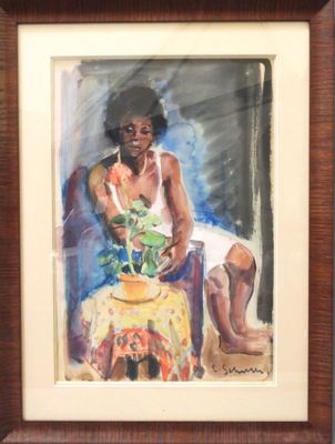 painting of a woman sitting in a chair with a potted plant