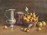 a painting of a silver pitcher and a basket of pears