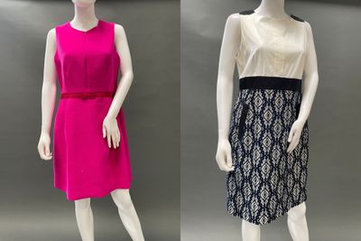 two mannequins dressed in pink and black are standing next to each other