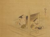 an old painting of two women sitting on a window sill