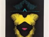 un dessin en noir et jaune représentant le visage d'une femme sur fond noir