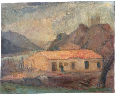 an image of a painting of a house in a mountainous area