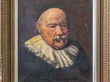portrait of an old man with a mustache and a ruffled collar in a gold frame