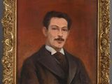 a painting of a man in a suit and tie is hanging on a wall