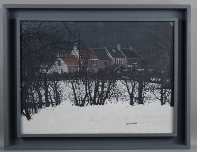 painting of a house in a snowy field with trees in the foreground