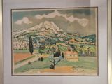 aquarelle encadrée représentant un paysage avec une montagne en arrière-plan