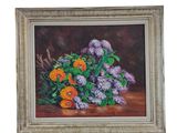 une peinture à l'huile représentant un bouquet de fleurs posé sur une table