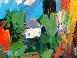 an oil painting of a colorful landscape with trees and buildings