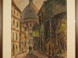 tableau représentant un homme marchant dans une rue, avec un immeuble en arrière-plan
