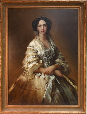 tableau représentant une femme en robe blanche ornée d'une bordure dorée