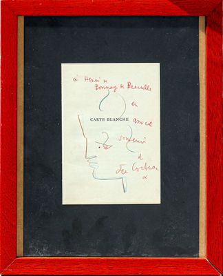 painting of a red frame with a drawing of a man ' s face on it
