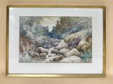 une photo d'un tableau représentant des moutons dans un paysage rocheux