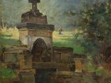 une image représentant un tableau d'un petit bâtiment dans un champ